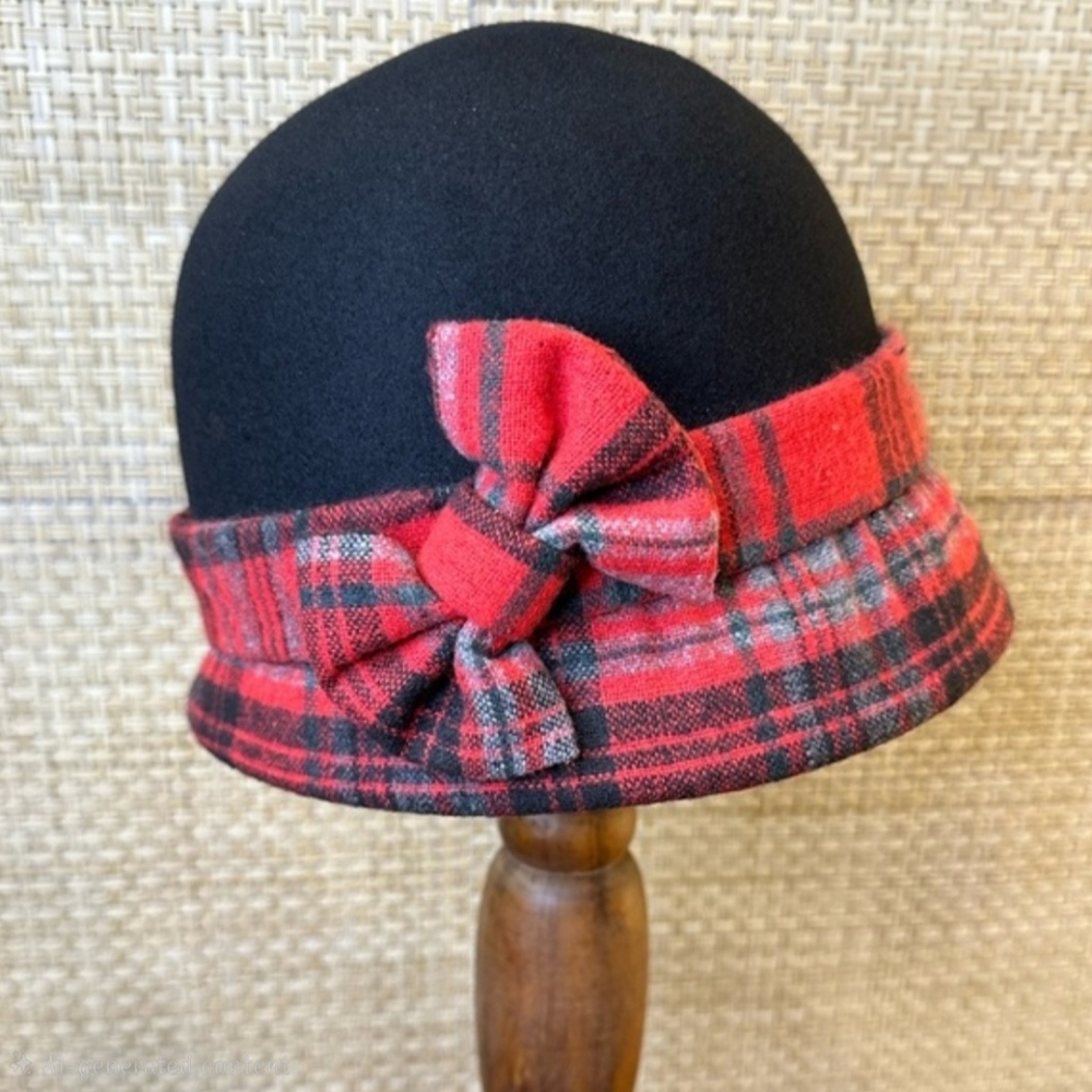 🌟HP🌟Retro Red Tartan Wool Felt Cloche Side Bow Adjustable Water Resistant - Picture 2 of 9